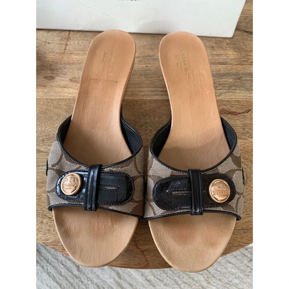 Vintage Coach Lee Sandal Signature Logo Cavas Wood Heel Patent Leather Women 8.5 - Picture 2 of 16